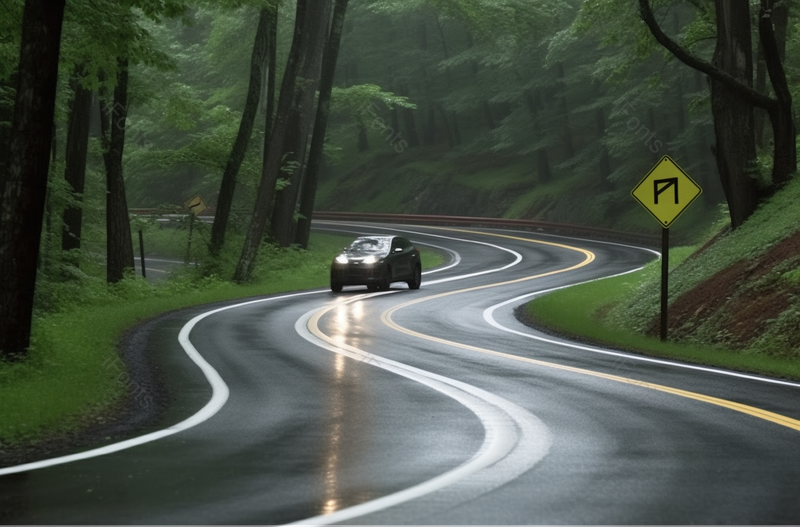 雨中森林里一辆行驶在公路上的车,高清,摄影图,摄影图片,图片大全,摄影图免费下载